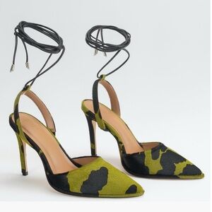ARCH NYC. Pointed Toe Ankle-Tie Heels in Green Black Camouflage